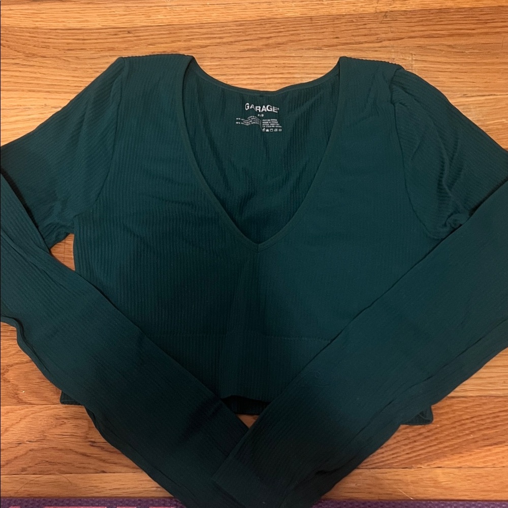 Garage Deep Green V-Neck Long Sleeve Blouse